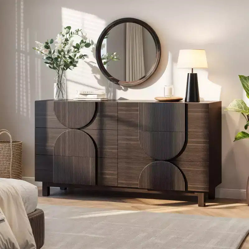 Cassettiera moderna geometrica a 6 cassetti, ampia cassettiera con dettagli semicircolari per camera da letto e soggiorno