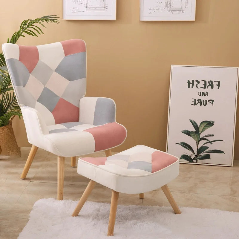 Akzentstuhl mit Hocker, Wohnzimmer-Stuhl- und Hocker-Set, bequemer Beistellsessel für das Schlafzimmer, kreativ zusammengesetzter Stoffbezug
