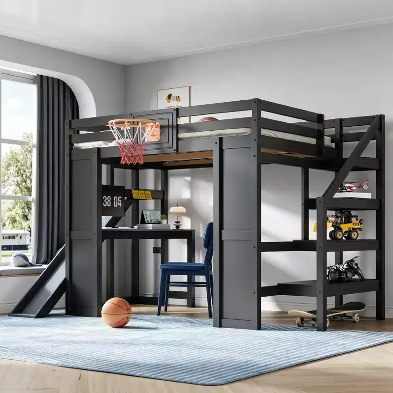 Lit mezzanine complet en bois Luxystar avec bureau, toboggan, panier de basket et escalier de rangement pour enfants et adolescents