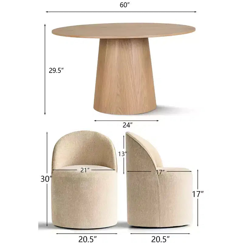 Moderne eethoek voor 6 personen, ronde eettafel met centrale voet, draaibare kuipstoelen op wieltjes, chenillestof met structuur - Panipeachy