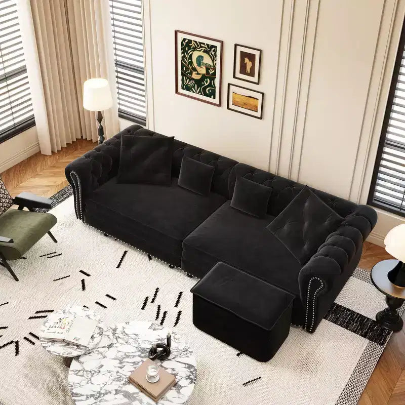 Canapé-lit convertible 3-en-1 Whisen en velours, format king size, avec pouf mobile, design capitonné