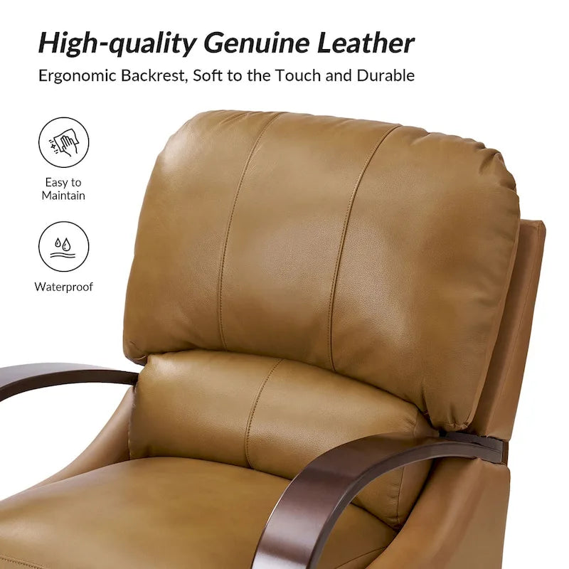 Alex handmatige relaxfauteuil van echt sigarenkleurig leer in mid-century moderne stijl, met gebogen houten armleuningen