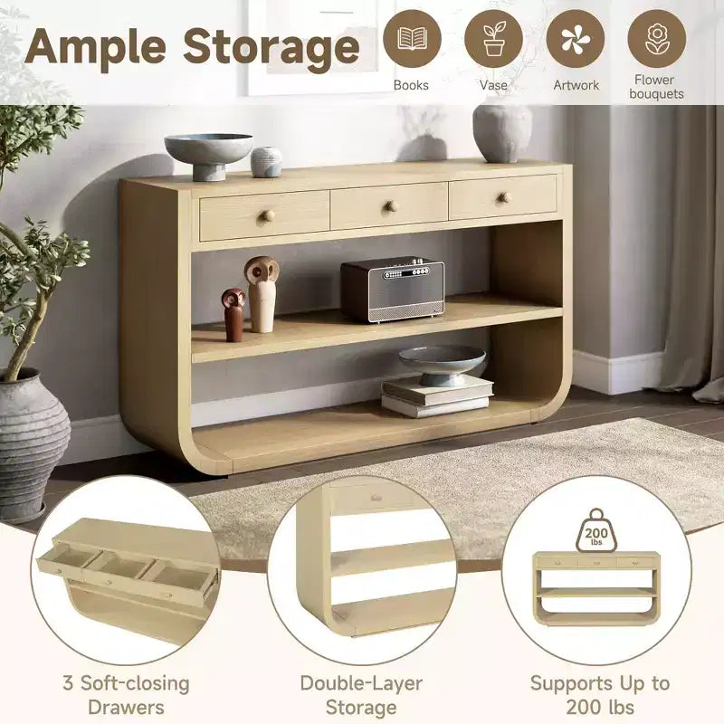Tavolo consolle curvo ModernLuxe, tavolo d'ingresso, tavolino laterale per divano, espositore, tavolino d'accento con 3 cassetti a chiusura ammortizzata e 2 ripiani aperti