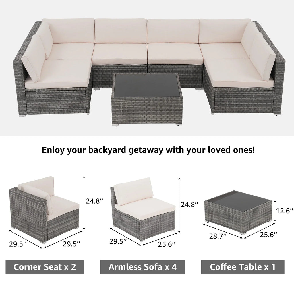 7-teiliges Outdoor-Ecksofaset aus Rattan und Stahl mit Kissen