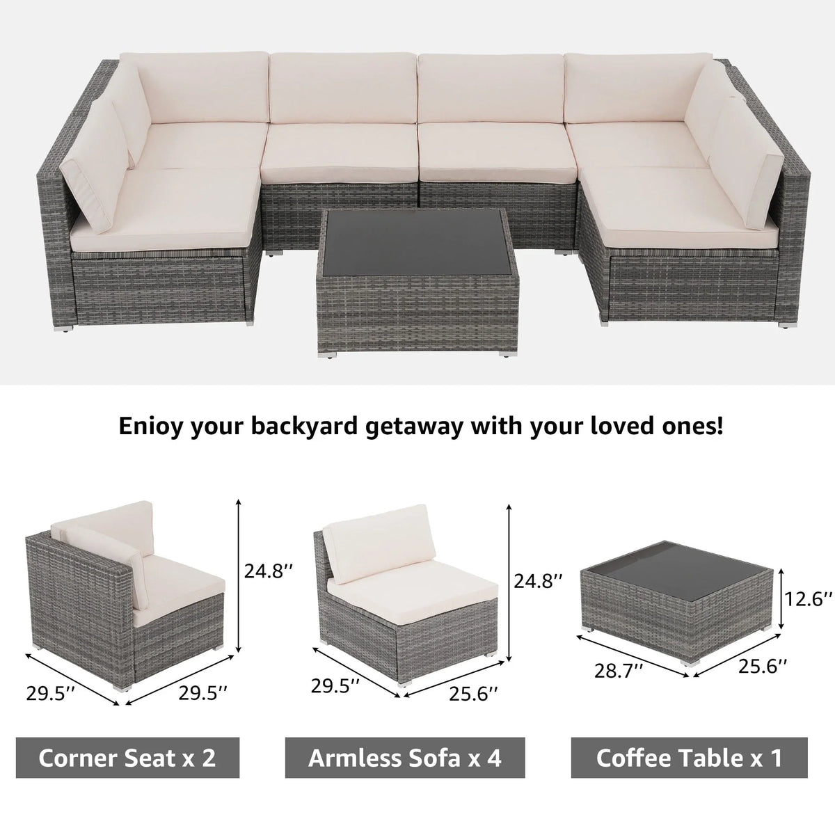 7-teiliges Outdoor-Ecksofaset aus Rattan und Stahl mit Kissen