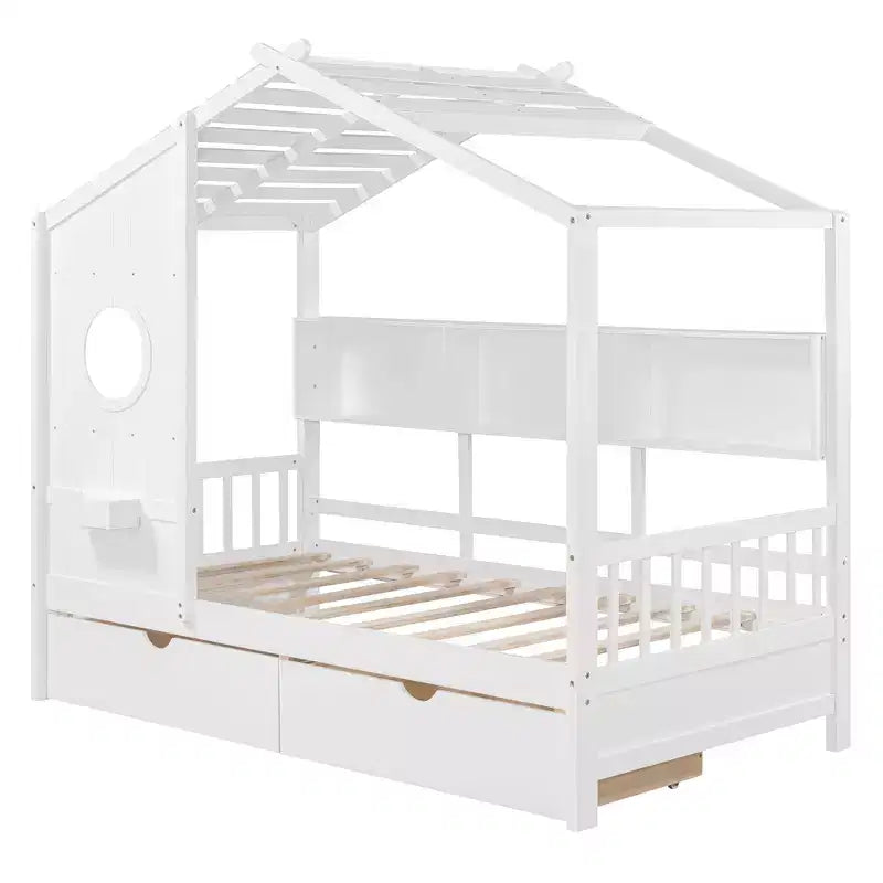 Lit cabane en bois format simple/double avec 2 tiroirs, lit pour enfant avec étagère de rangement - ModernLuxe