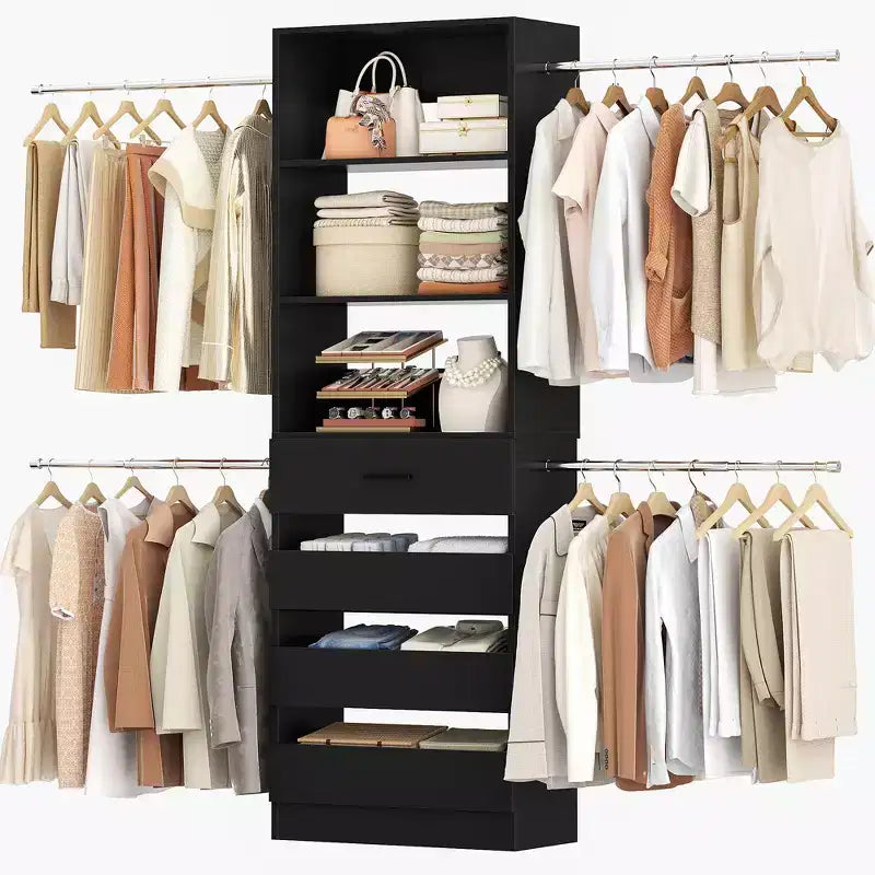 Système d'aménagement de dressing en bois Besiost de 4 à 9 pi avec 4 tiroirs, 4 tringles et des colonnes d'étagères