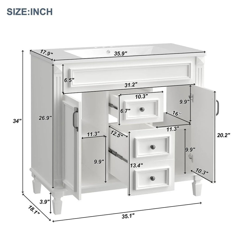 36'' Modern Bathroom Vanity with Top Sink and Mirror Cabinet,2 Doors and 2 Drawers