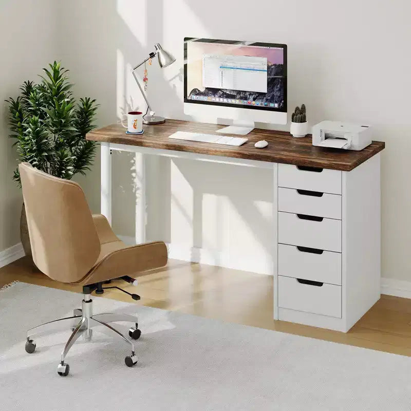 Bureau d’ordinateur de 47 pouces avec 5 tiroirs de rangement, table d’étude et d’écriture réversible au style rustique moderne, poste de travail pour bureau à domicile et petits espaces