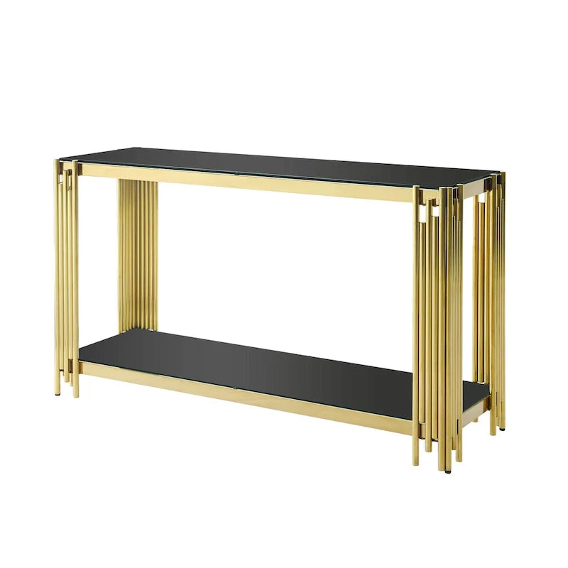 Table console étroite à 2 niveaux avec structure métallique finition or et plateau en verre trempé