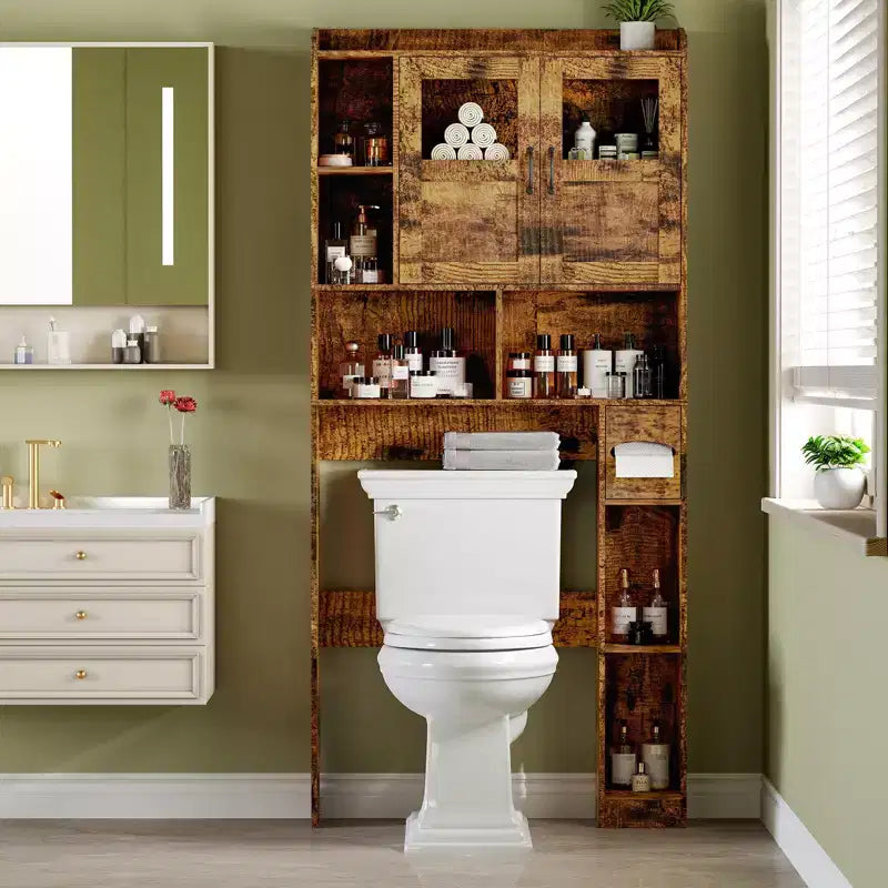 Mobile contenitore sopra il WC - 67.4 H, organizer e contenitore da bagno in stile rustico con ripiano regolabile e anta in vetro per bagno e lavanderia