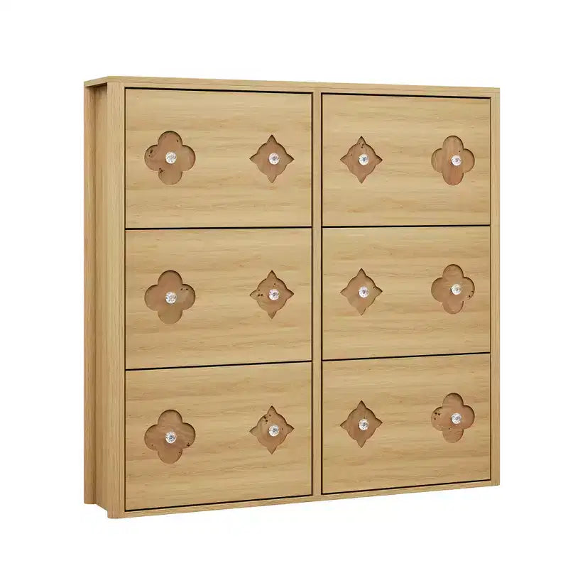 Meuble à chaussures en bois avec 6 tiroirs basculants, étagères réglables, motif floral, poignées en losange, rangement mince sur pied pour l’entrée