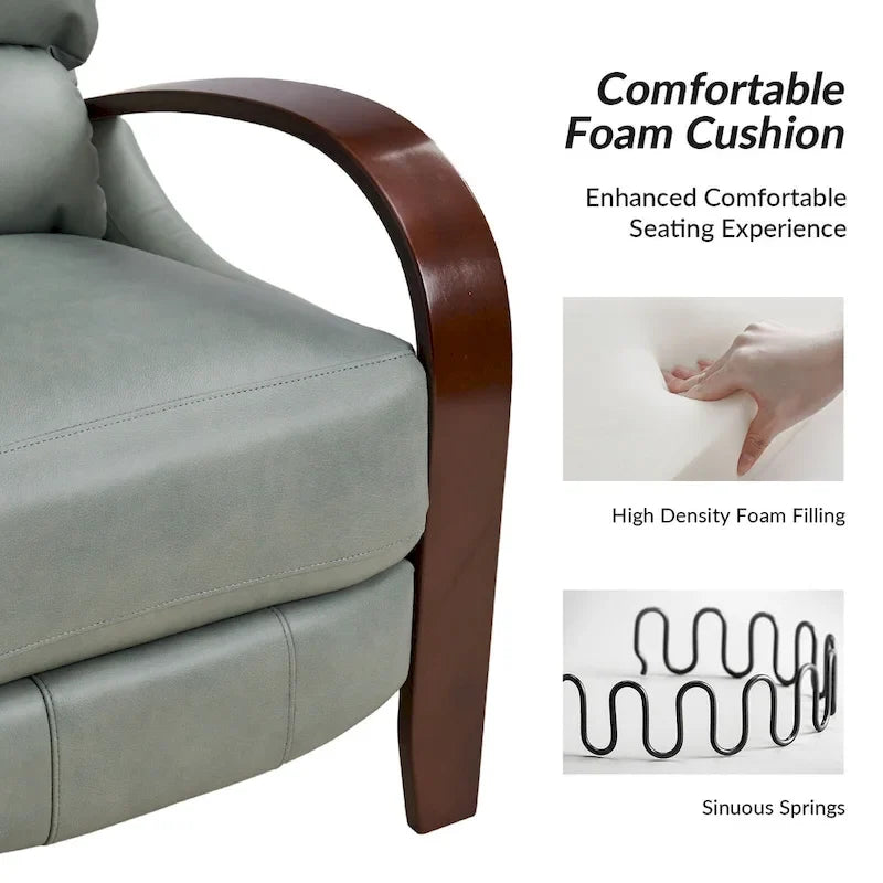 Alex handmatige relaxfauteuil van echt sigarenkleurig leer in mid-century moderne stijl, met gebogen houten armleuningen