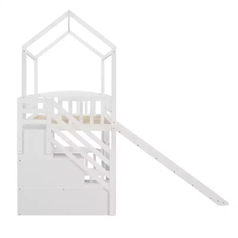 Halfhoogslaper in de vorm van een huis met glijbaan en trap, met opbergladen, houten hutbed voor kinderen en peuters