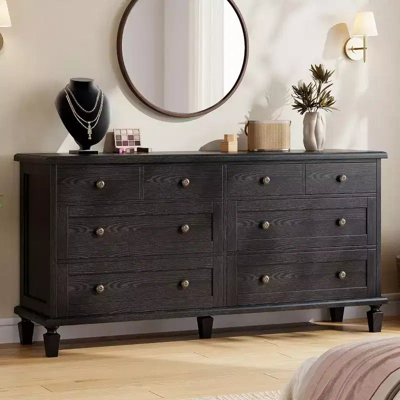 Commode de chambre à coucher à 8 tiroirs, meuble TV vintage de 59 avec poignées sculptées et pieds fuselés, commode en bois offrant un grand espace de rangement