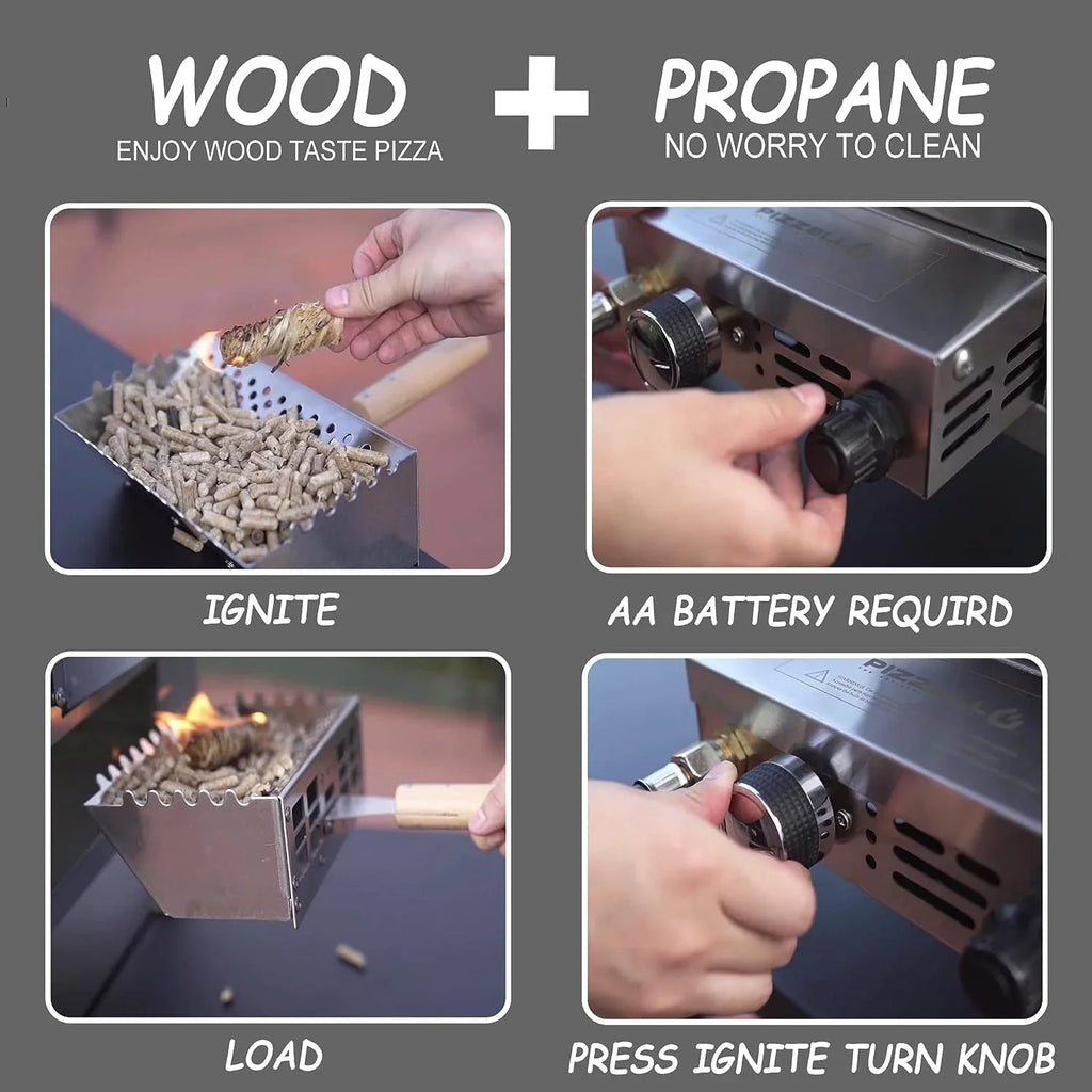 Four à pizza d’extérieur multi-combustible avec brûleur à gaz et compartiment à bois - 12 pouces
