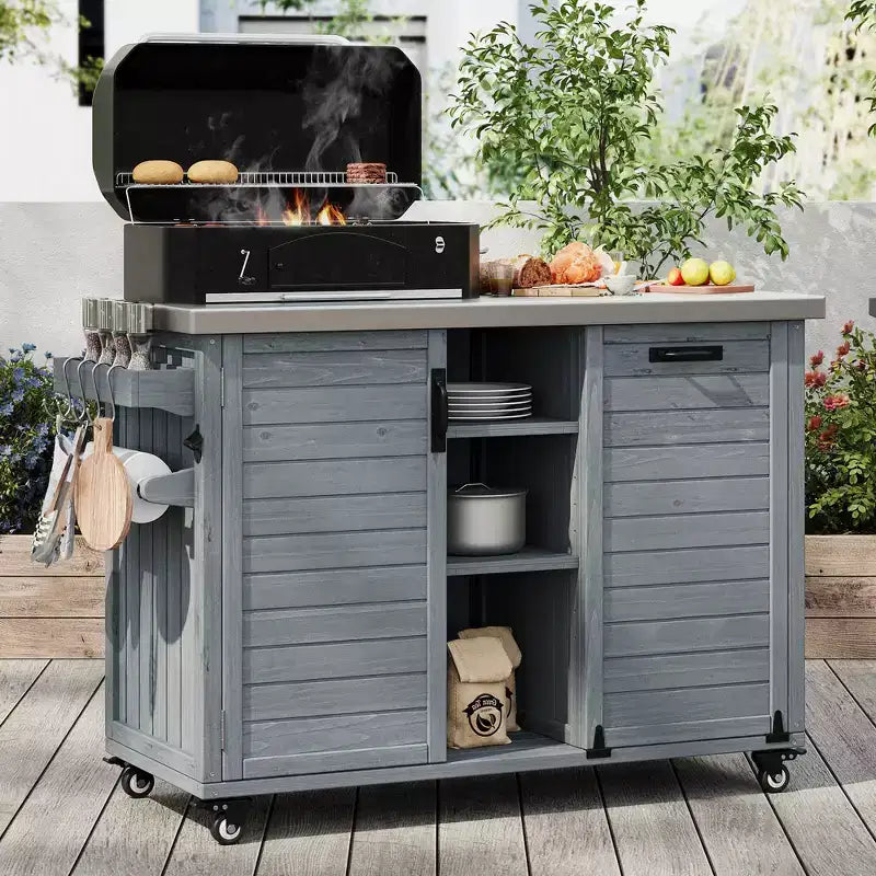 Îlot de cuisine d’extérieur FAMYYT de 78.3 pouces avec plan de travail en acier inoxydable, station de barbecue pliable et placards de rangement, bleu-gris