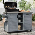 Îlot de cuisine d’extérieur FAMYYT de 78.3 pouces avec plan de travail en acier inoxydable, station de barbecue pliable et placards de rangement, bleu-gris