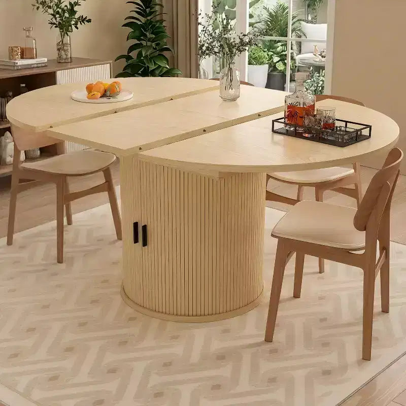 Tavolo da cucina e sala da pranzo rotondo allungabile Dyonery 63, con ripiano contenitore a 2 livelli e base a piedistallo, mobile da pranzo in legno ovale e circolare, noce