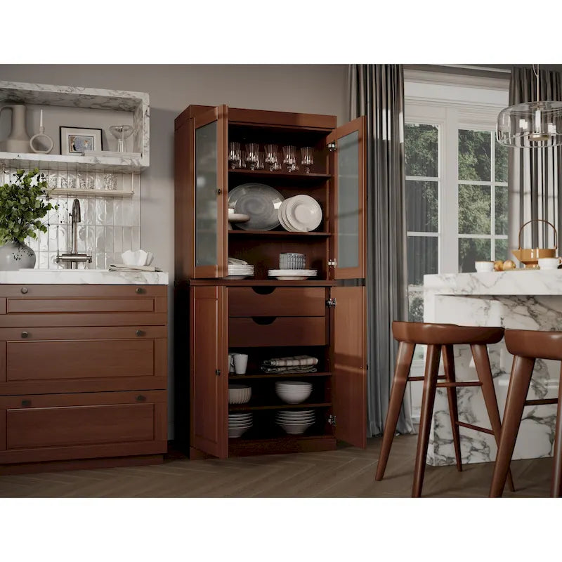Credenza dispensa in legno massello al 100% con ante in vetro satinato, ante piene, 2 cassetti e ripiani regolabili