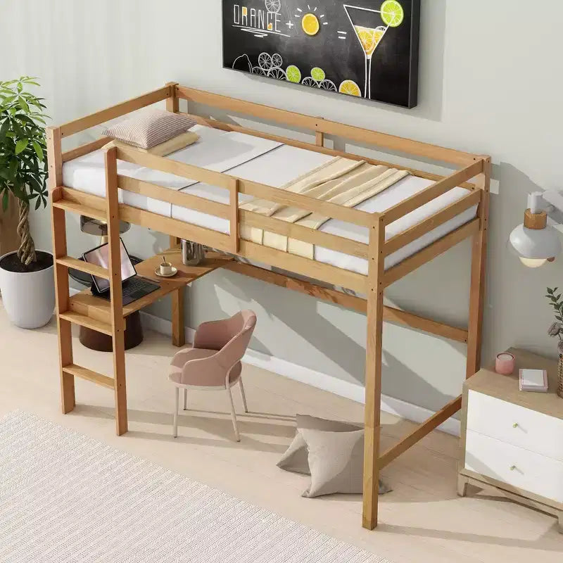 Okak minimalistisch hoogslaper met ladder, hoogslaper van rubberhout voor één persoon met veiligheidsreling en ingebouwd bureau, bedframes voor kinderen en tieners