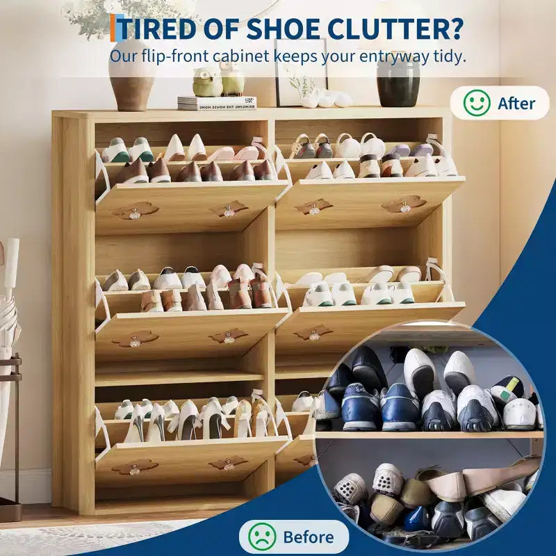 Meuble à chaussures en bois avec 6 tiroirs basculants, étagères réglables, motif floral, poignées en losange, rangement mince sur pied pour l’entrée